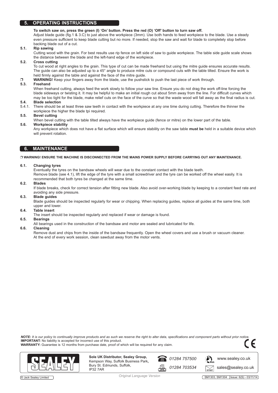 Maintenance, Operating instructions | Sealey SM1303 User Manual | Page 4 / 4