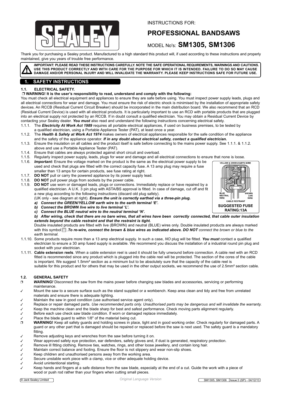 Sealey SM1305 User Manual | 4 pages