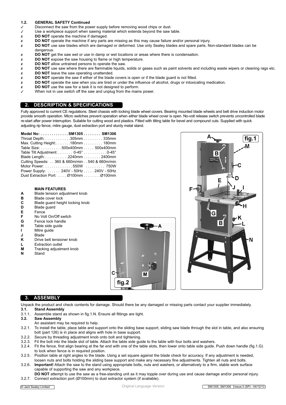 Fig.2 fig.1, Assembly 2. description & specifications | Sealey SM1305 User Manual | Page 2 / 4