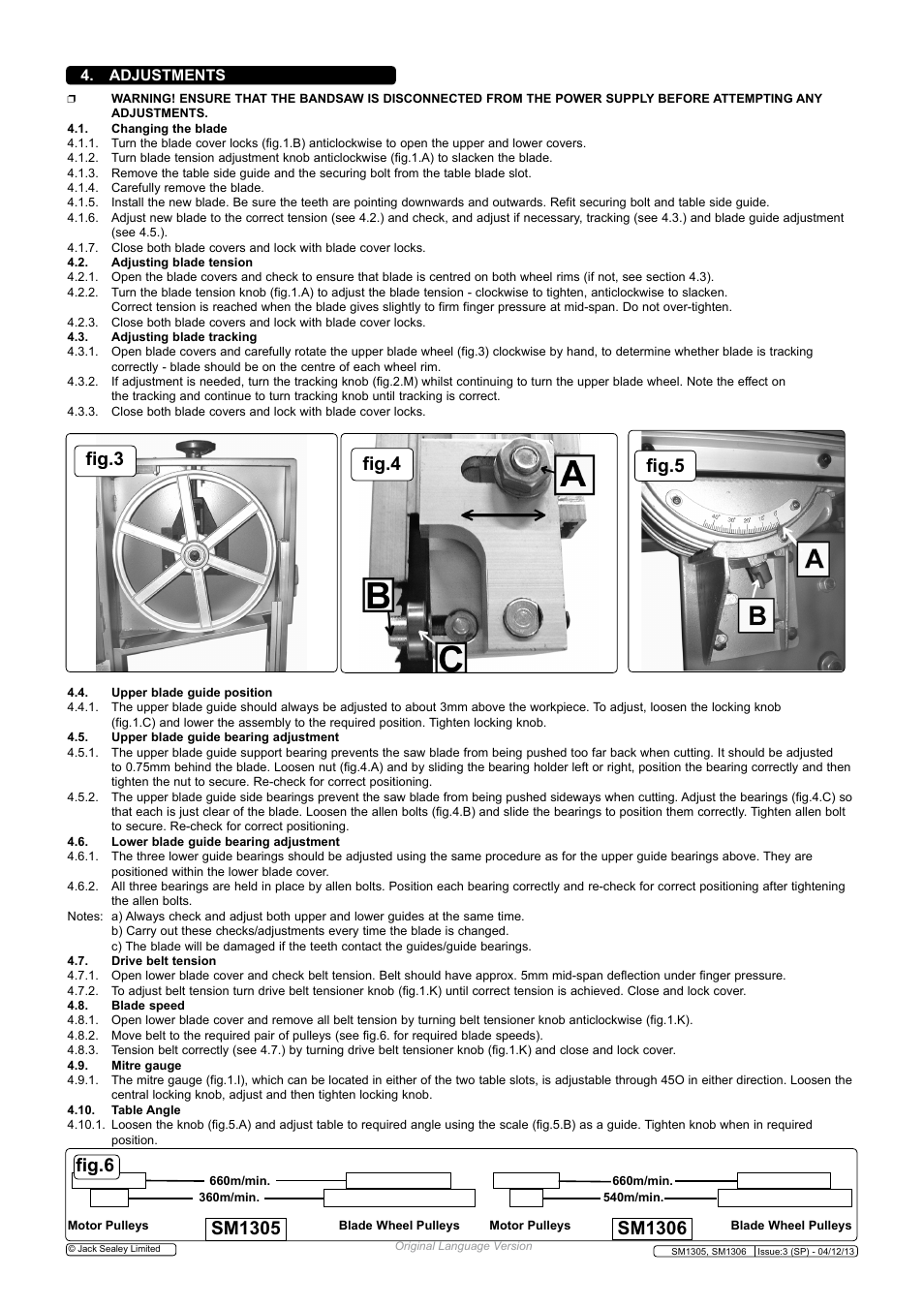 Sm1306, Fig.3 fig.4 fig.5, Adjustments | Sealey SM1305 User Manual | Page 3 / 4