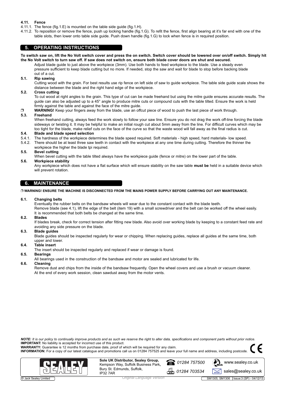 Maintenance, Operating instructions | Sealey SM1305 User Manual | Page 4 / 4