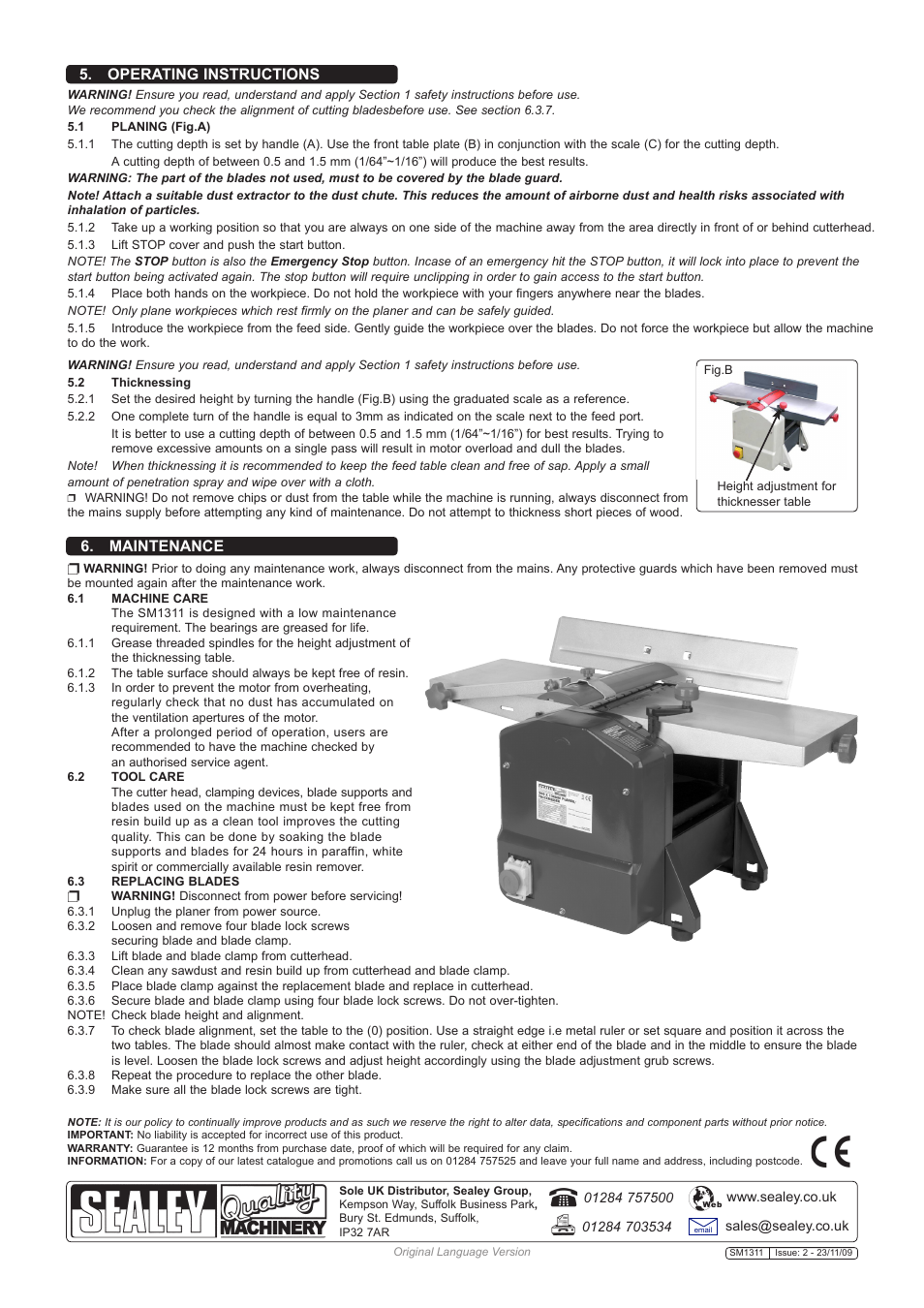 Maintenance, Operating instructions | Sealey SM1311 User Manual | Page 4 / 4