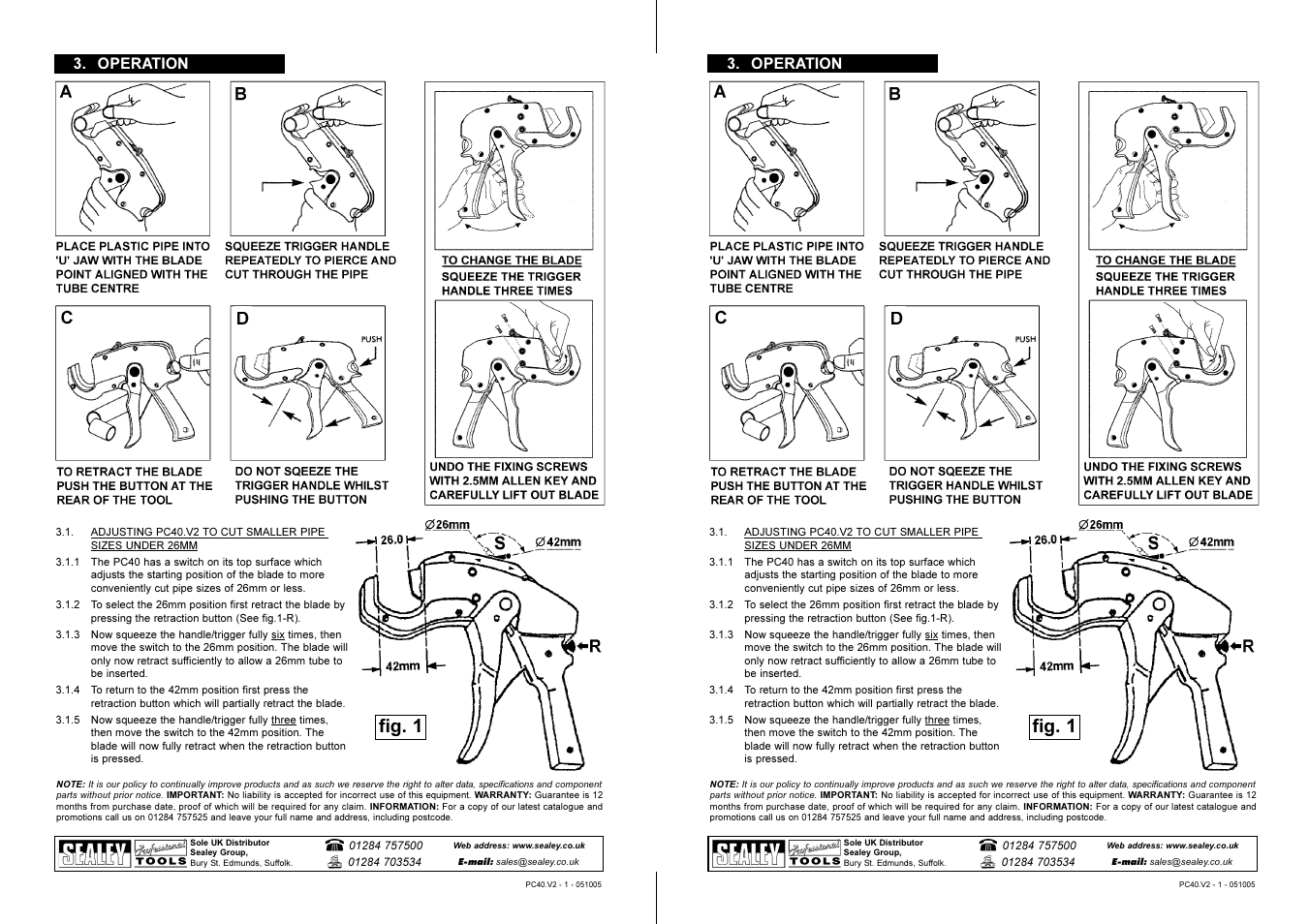 Fig. 1, Operation | Sealey PC40 User Manual | Page 2 / 2