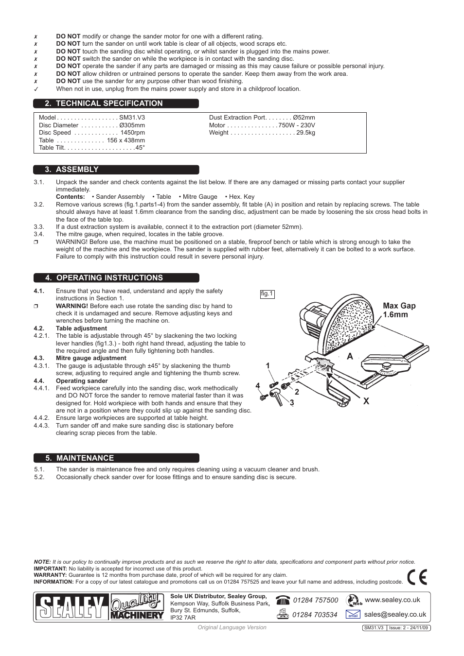 Technical specification, Assembly, Operating instructions | Maintenance 4. operating instructions | Sealey SM31 User Manual | Page 2 / 2