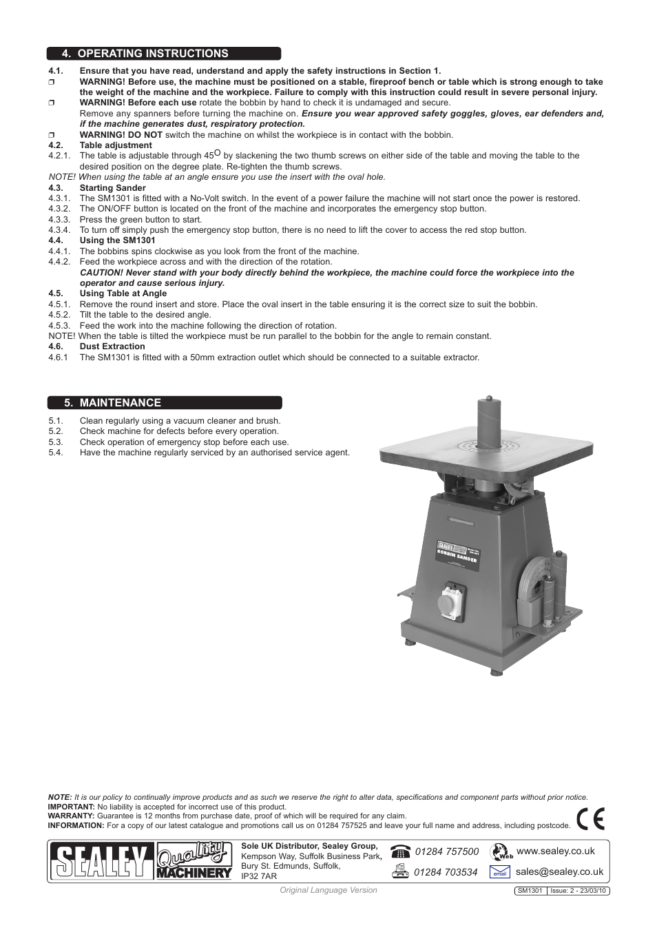 Operating instructions 5. maintenance, Operating instructions | Sealey SM1301 User Manual | Page 3 / 4