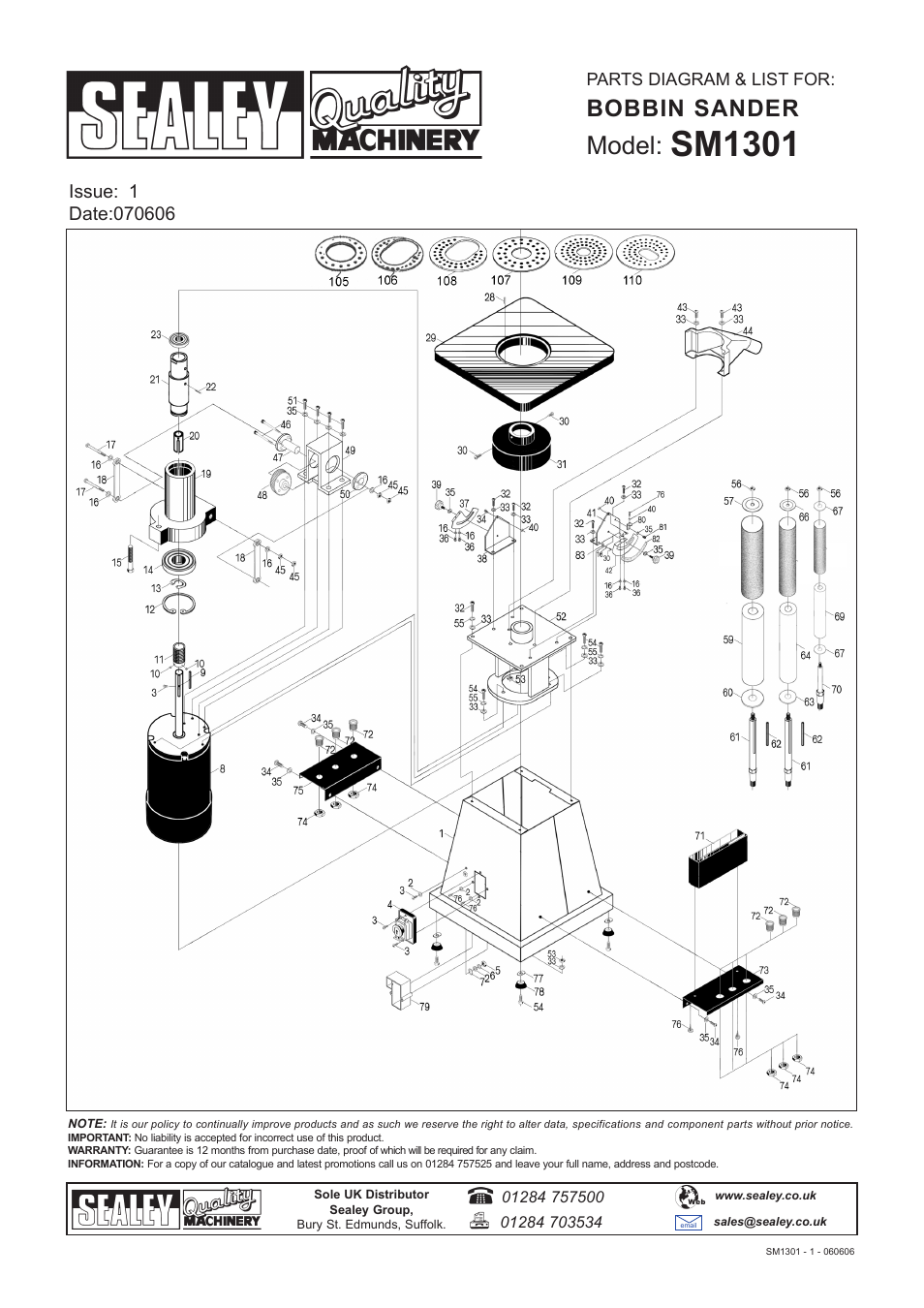 Sm1301, Model, Bobbin sander | Sealey SM1301 User Manual | Page 4 / 4