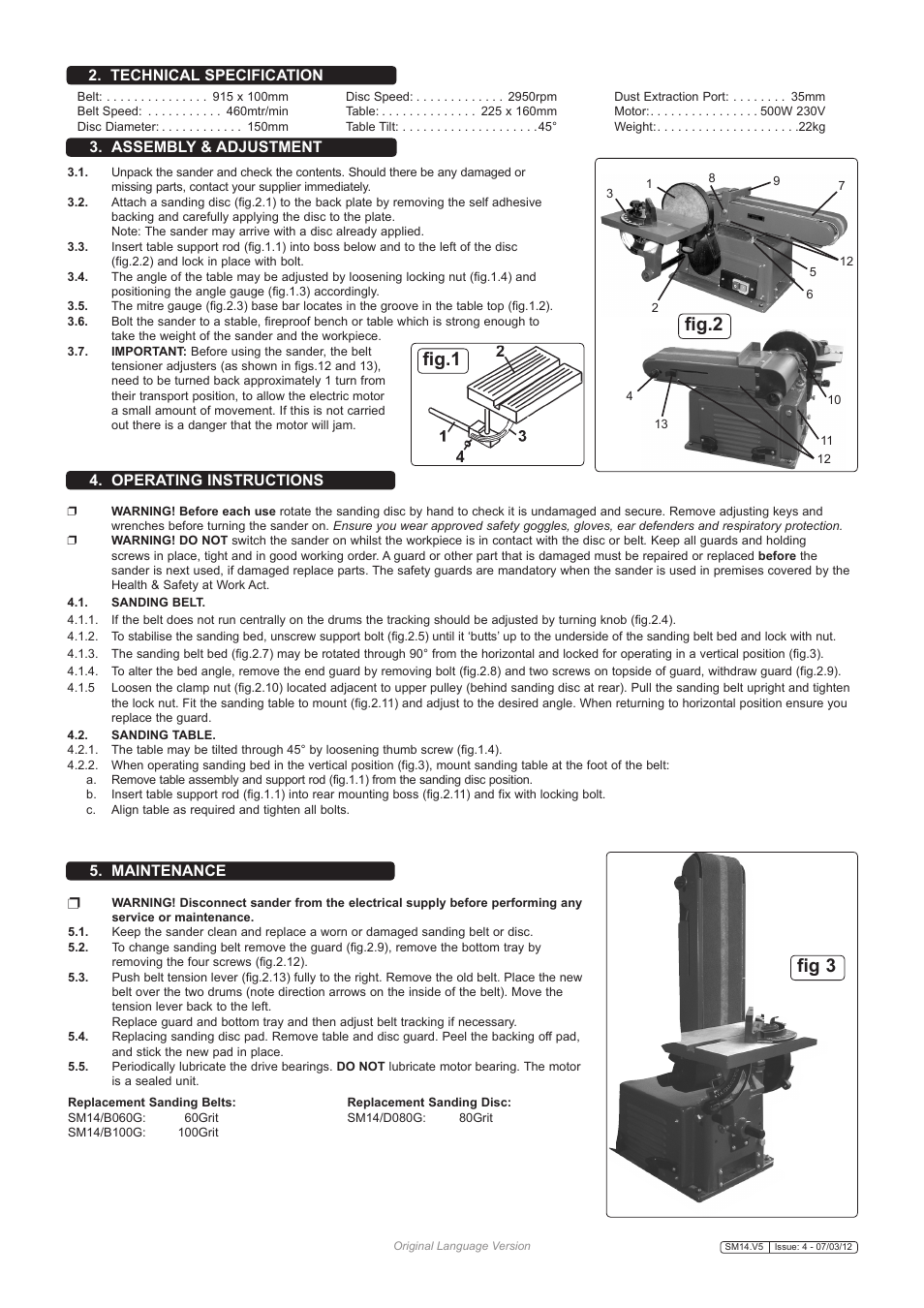 Fig.1 fig 3, Fig.2, Technical specification | Assembly & adjustment, Operating instructions 5. maintenance | Sealey SM14 User Manual | Page 2 / 3