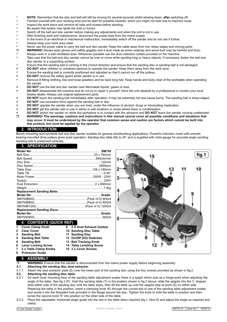 Fig.1, Assembly | Sealey SM750 User Manual | Page 2 / 5