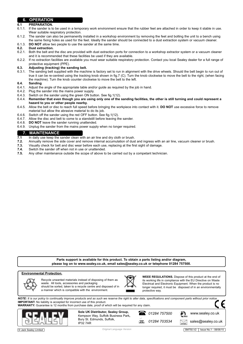 Operation 7. maintenance | Sealey SM750 User Manual | Page 5 / 5