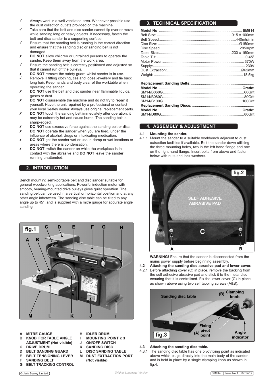 Fig.1, Fig.3, Fig.2 | Introduction 3. technical specification, Assembly & adjustment | Sealey SM914 User Manual | Page 2 / 5