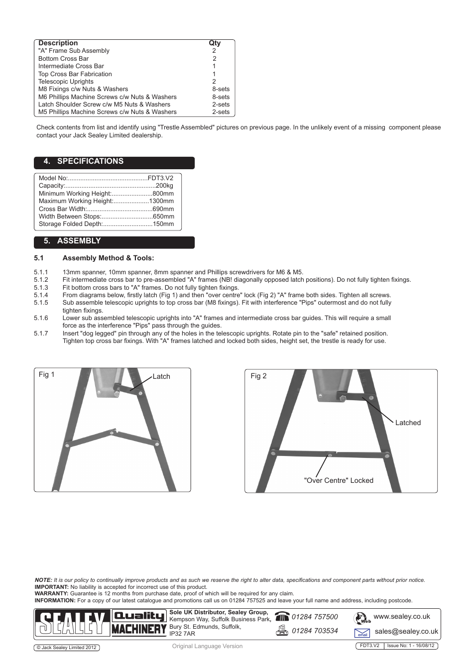 Specifications, Assembly | Sealey FDT3 User Manual | Page 2 / 2