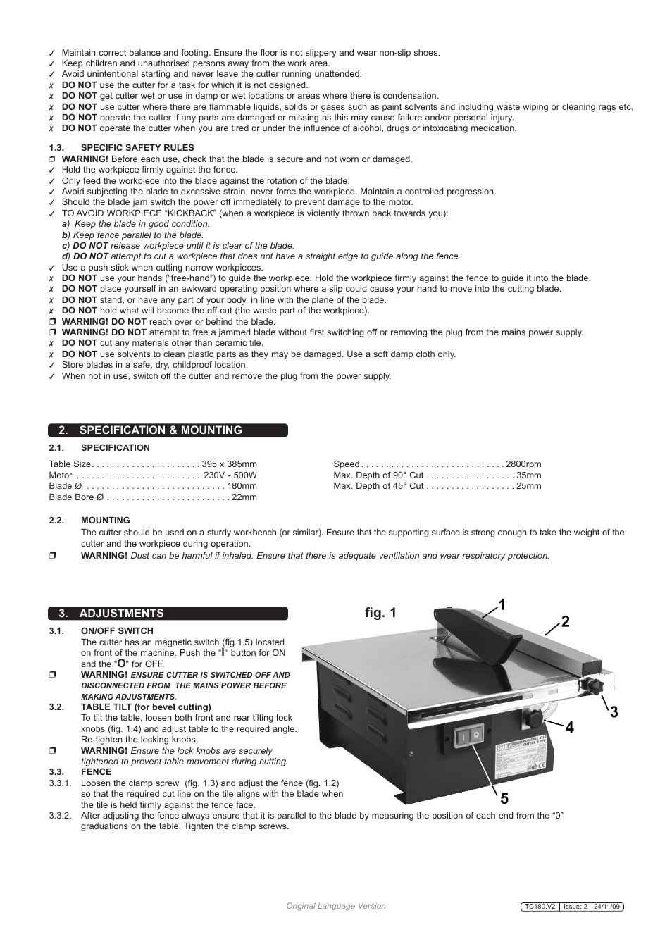 Fig. 1, Specification & mounting, Adjustments | Sealey TC180 User Manual | Page 2 / 3