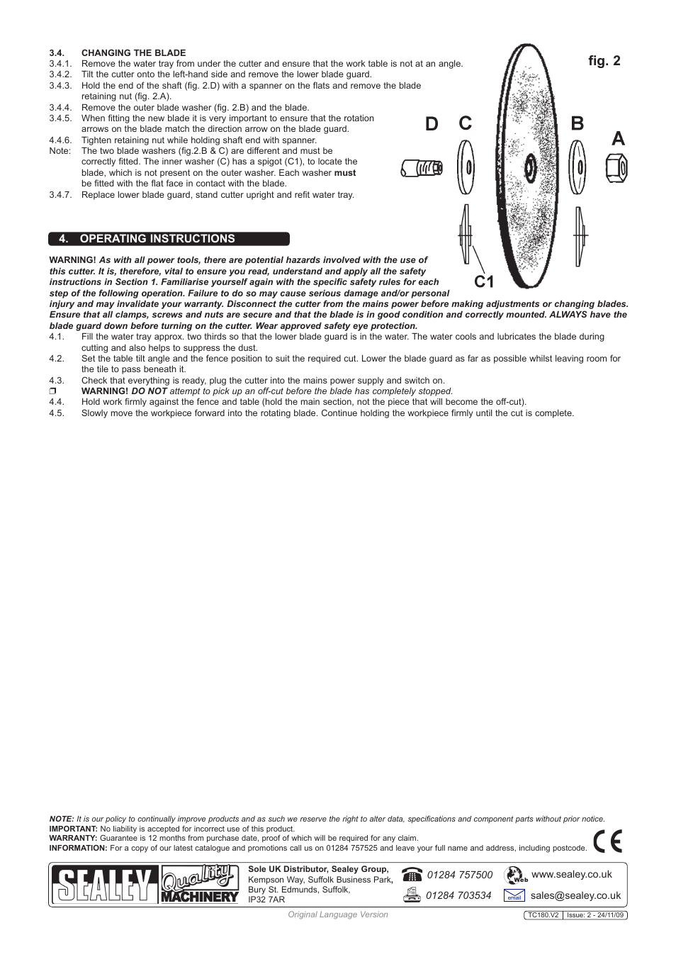 Fig. 2, Operating instructions | Sealey TC180 User Manual | Page 3 / 3