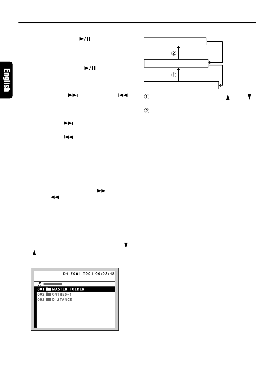 Pausing playback, Skipping a track (searching), Fast forward and fast rewind | Selecting a track on the screen, Listening to an mp3 screen selection flow, Searching a desired track (track scan playback) | Dolby Laboratories VCZ625 User Manual | Page 18 / 30