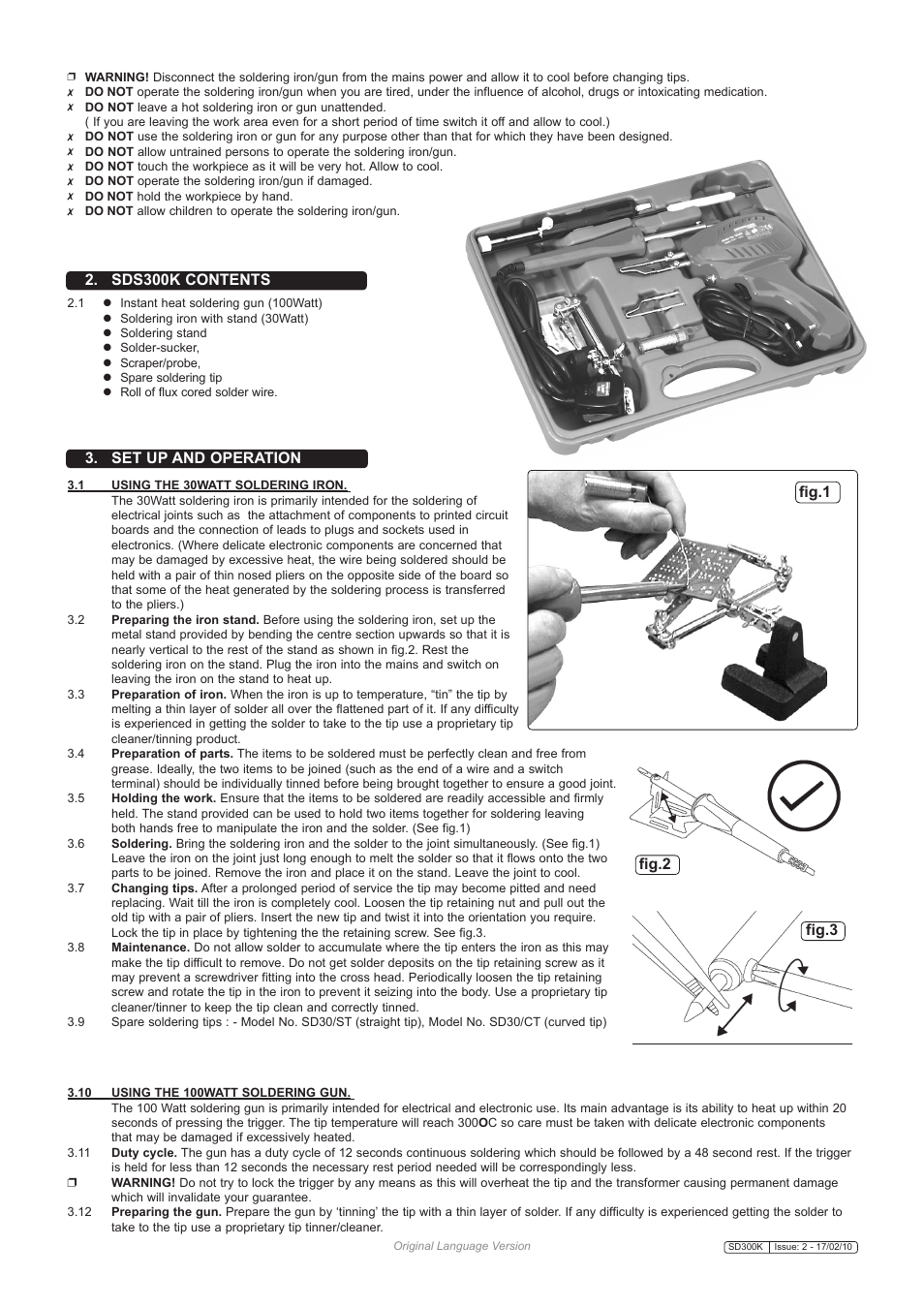 Set up and operation, Sds300k contents, Fig.1 fig.2 fig.3 | Sealey SD300K User Manual | Page 2 / 3