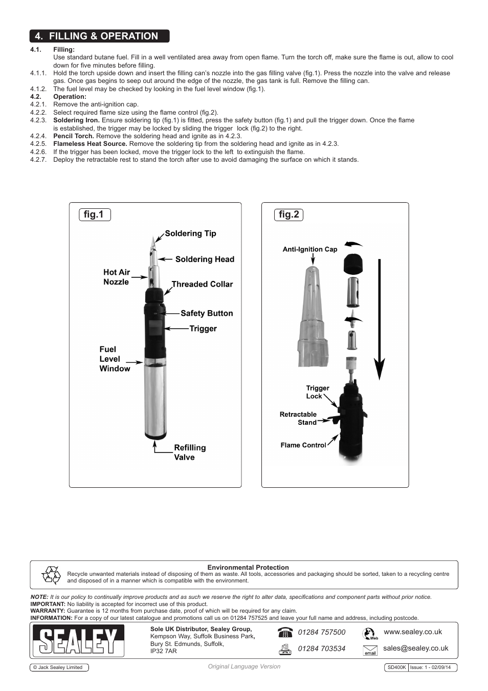 Filling & operation fig.1 fig.2 | Sealey SD400K User Manual | Page 2 / 2