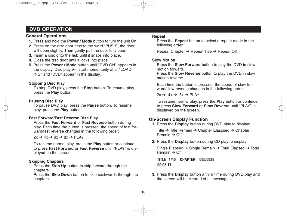 Dvd operation | Dolby Laboratories LS5000DVD User Manual | Page 10 / 20