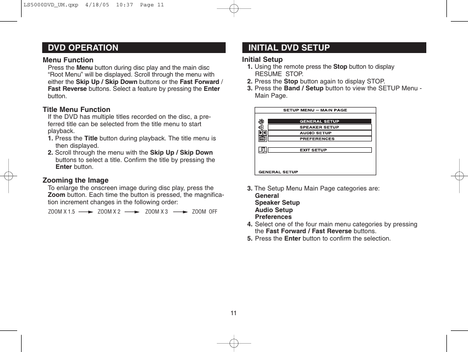 Dvd operation, Initial dvd setup | Dolby Laboratories LS5000DVD User Manual | Page 11 / 20