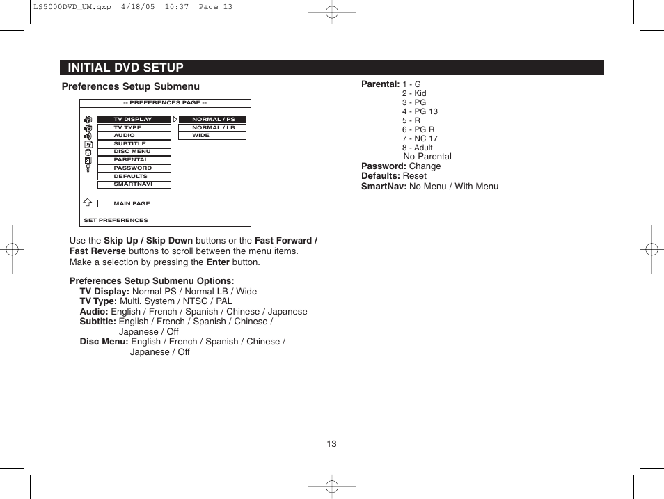 Initial dvd setup, Preferences setup submenu | Dolby Laboratories LS5000DVD User Manual | Page 13 / 20