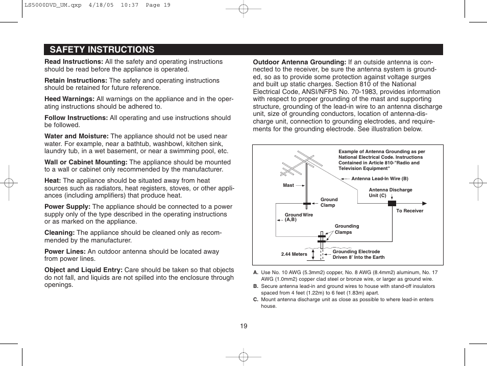 Safety instructions | Dolby Laboratories LS5000DVD User Manual | Page 19 / 20