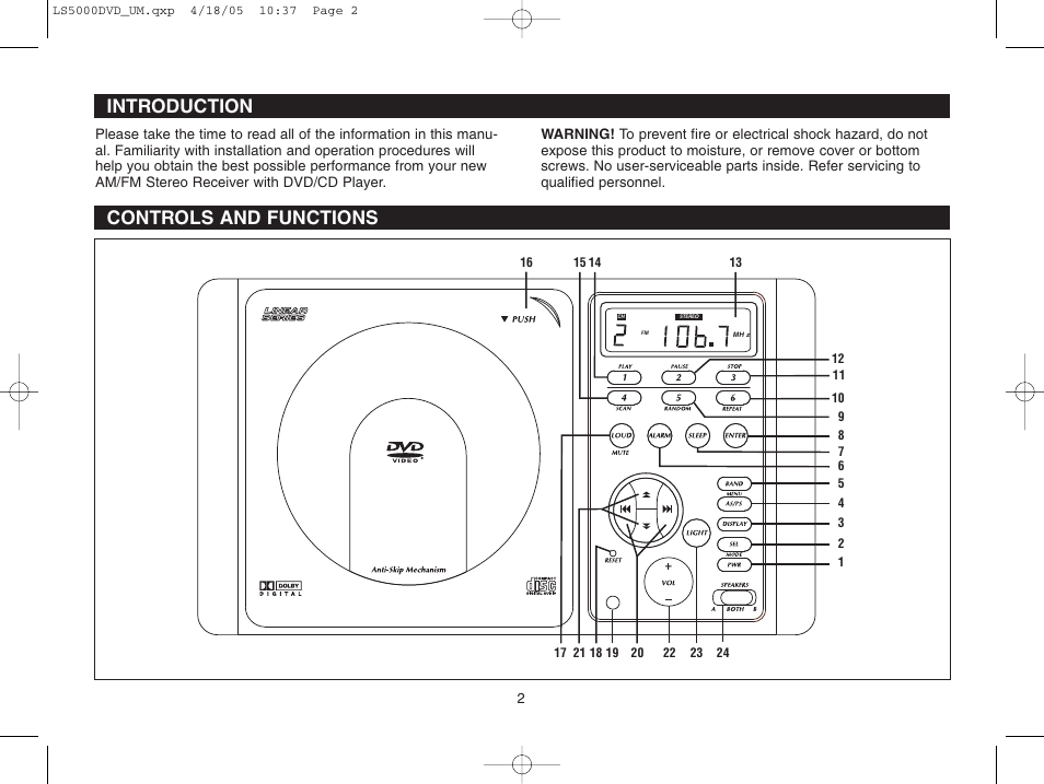 Introduction, Controls and functions | Dolby Laboratories LS5000DVD User Manual | Page 2 / 20