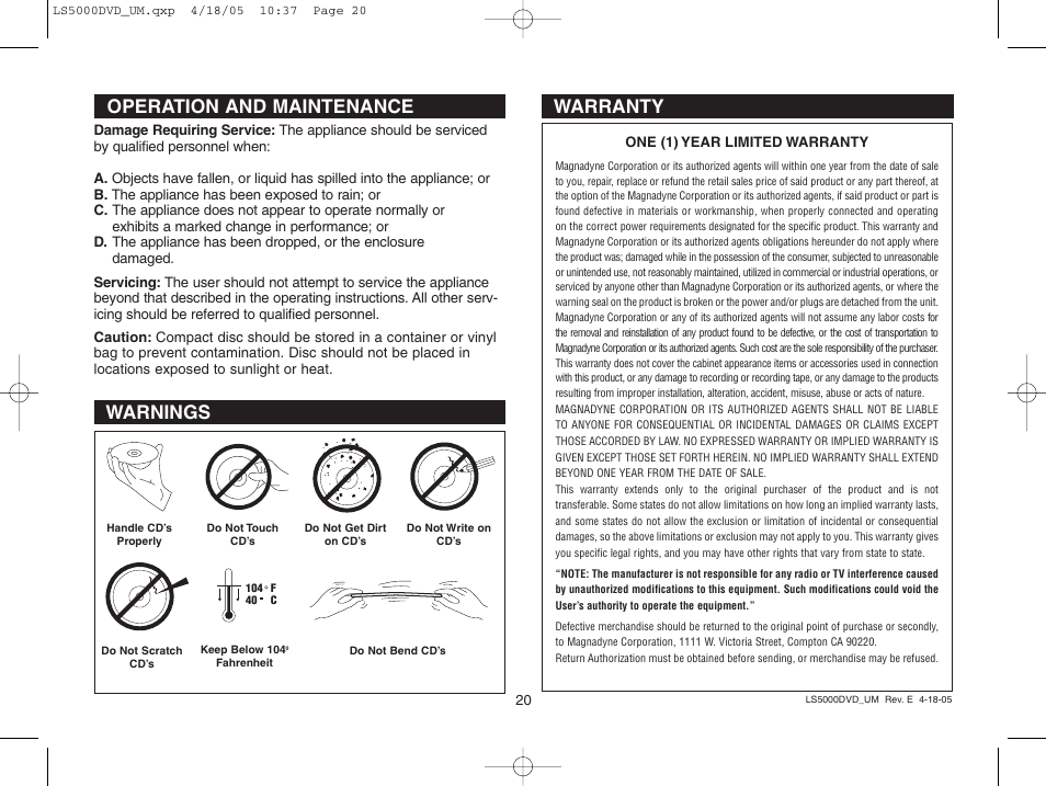 Warranty, Operation and maintenance, Warnings | Dolby Laboratories LS5000DVD User Manual | Page 20 / 20