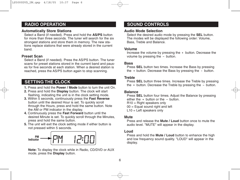 Setting the clock, Radio operation, Sound controls | Dolby Laboratories LS5000DVD User Manual | Page 6 / 20