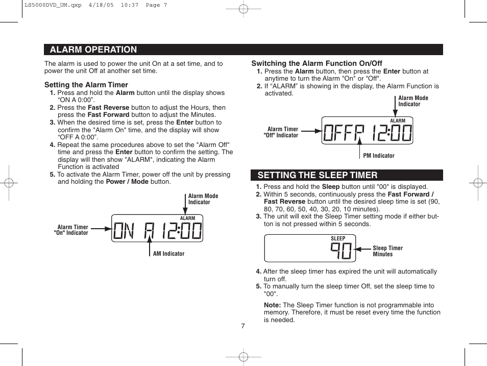 Setting the sleep timer, Alarm operation | Dolby Laboratories LS5000DVD User Manual | Page 7 / 20