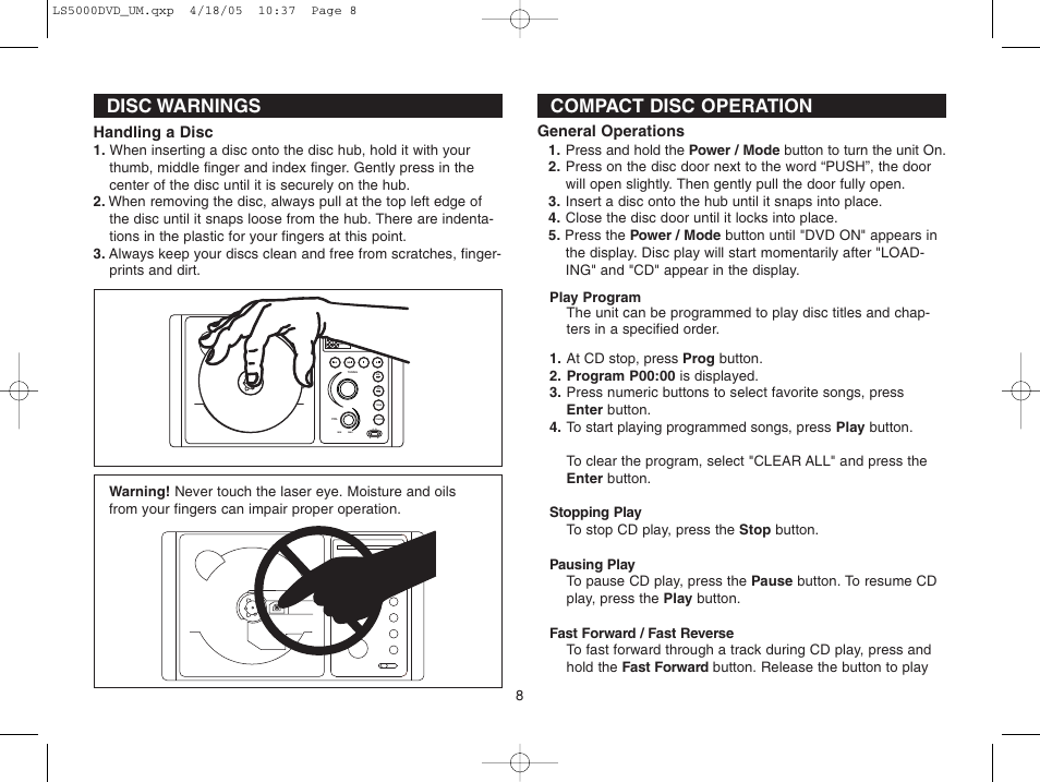 Compact disc operation, Disc warnings, General operations | Repeat, Intro program random, Handling a disc, Aa - b b, Intro prog random | Dolby Laboratories LS5000DVD User Manual | Page 8 / 20