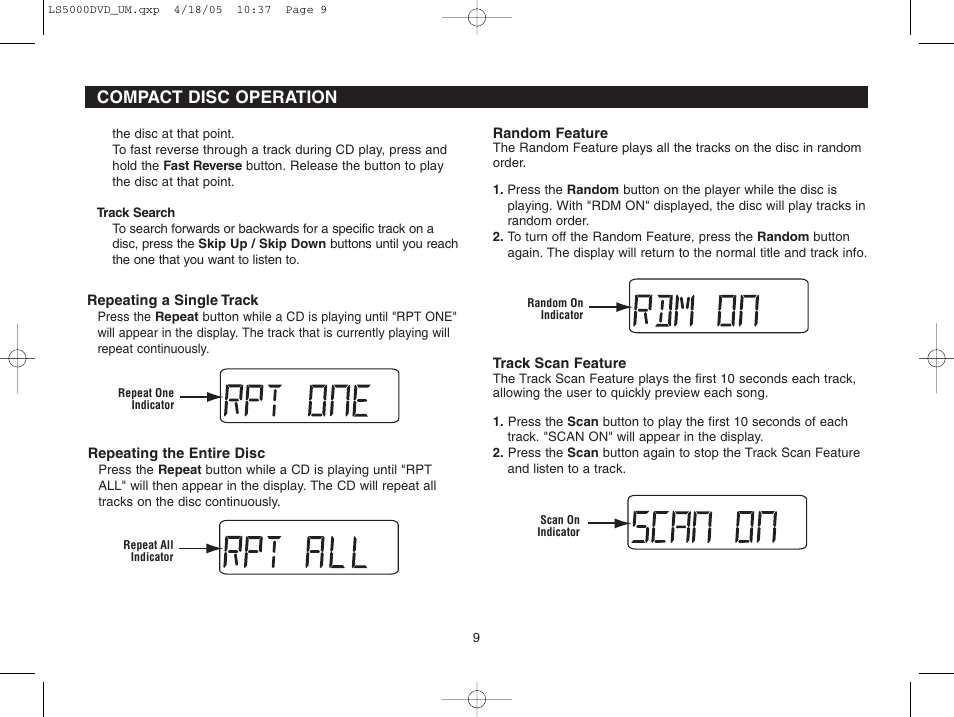 Compact disc operation | Dolby Laboratories LS5000DVD User Manual | Page 9 / 20