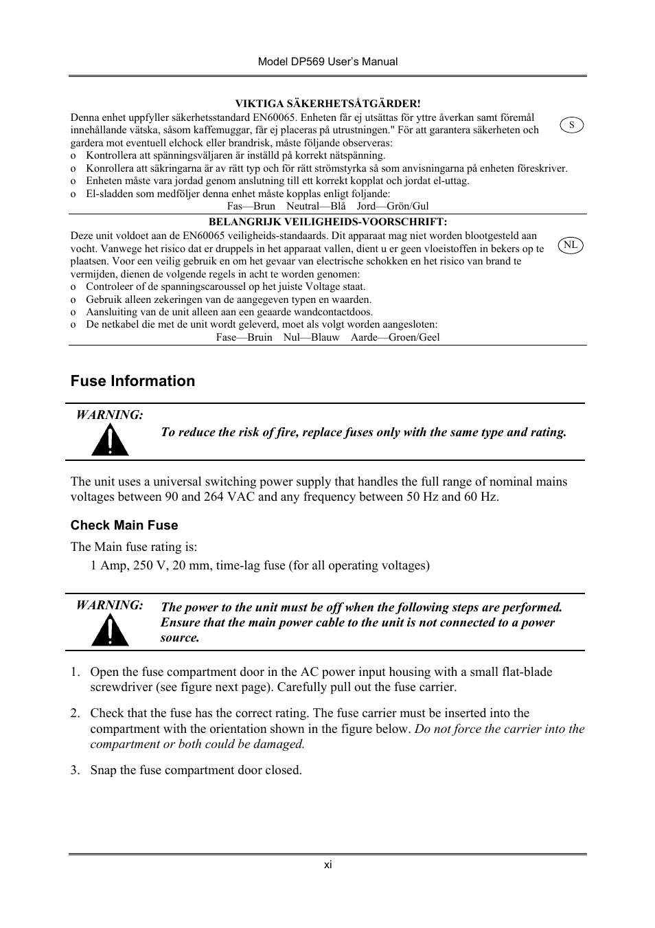 Fuse information | Dolby Laboratories DP569 User Manual | Page 11 / 90