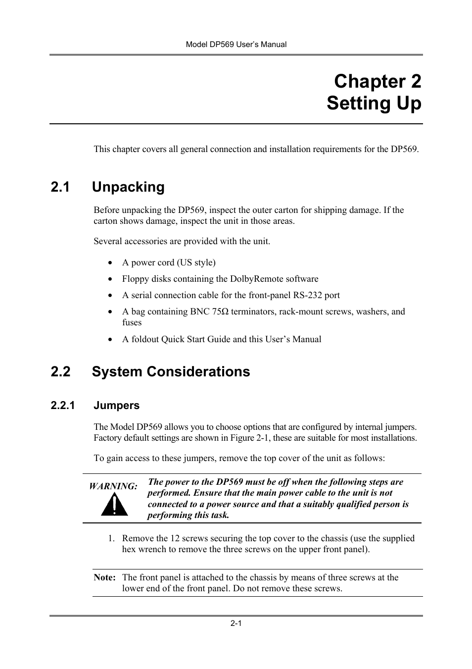 Chapter 2 setting up, Unpacking, System considerations | Jumpers, 1 unpacking, 2 system considerations | Dolby Laboratories DP569 User Manual | Page 15 / 90