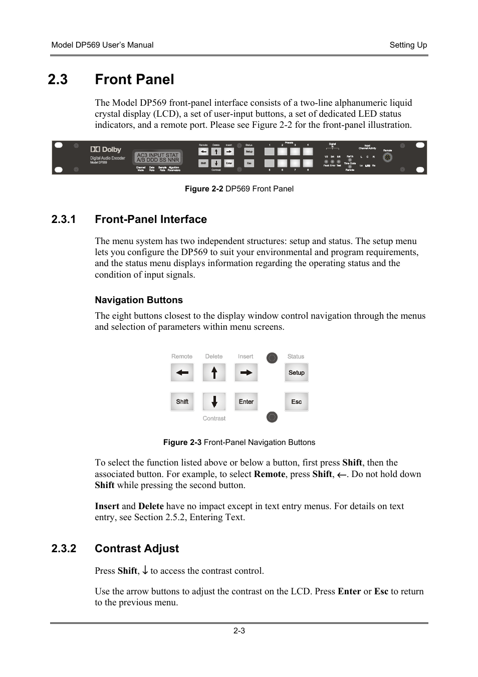 Front panel, Front-panel interface, Contrast adjust | 3 front panel | Dolby Laboratories DP569 User Manual | Page 17 / 90