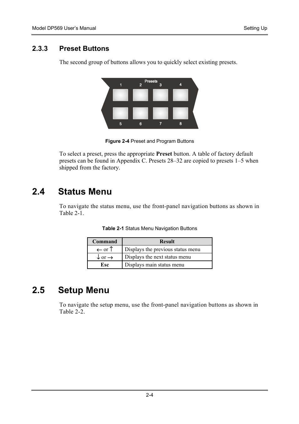 Preset buttons, Status menu, Setup menu | 4 status menu, 5 setup menu | Dolby Laboratories DP569 User Manual | Page 18 / 90