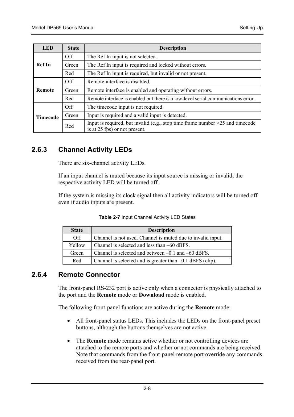 Channel activity leds, Remote connector, 3 channel activity leds | 4 remote connector | Dolby Laboratories DP569 User Manual | Page 22 / 90