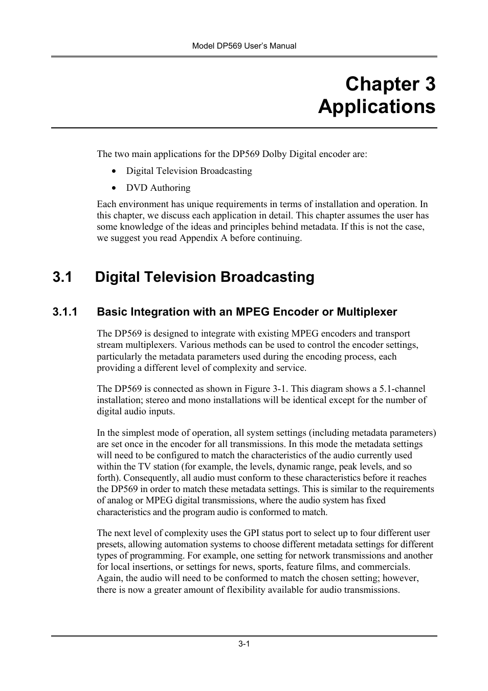 Chapter 3 applications, Digital television broadcasting, 1 digital television broadcasting | Dolby Laboratories DP569 User Manual | Page 23 / 90