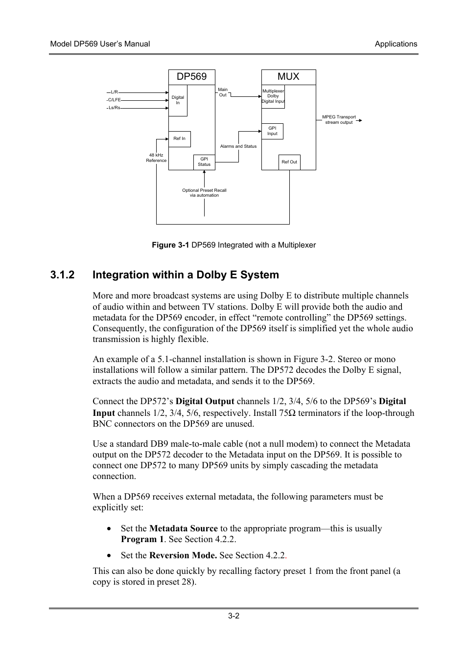 Integration within a dolby e system, 2 integration within a dolby e system, Mux dp569 | Dolby Laboratories DP569 User Manual | Page 24 / 90