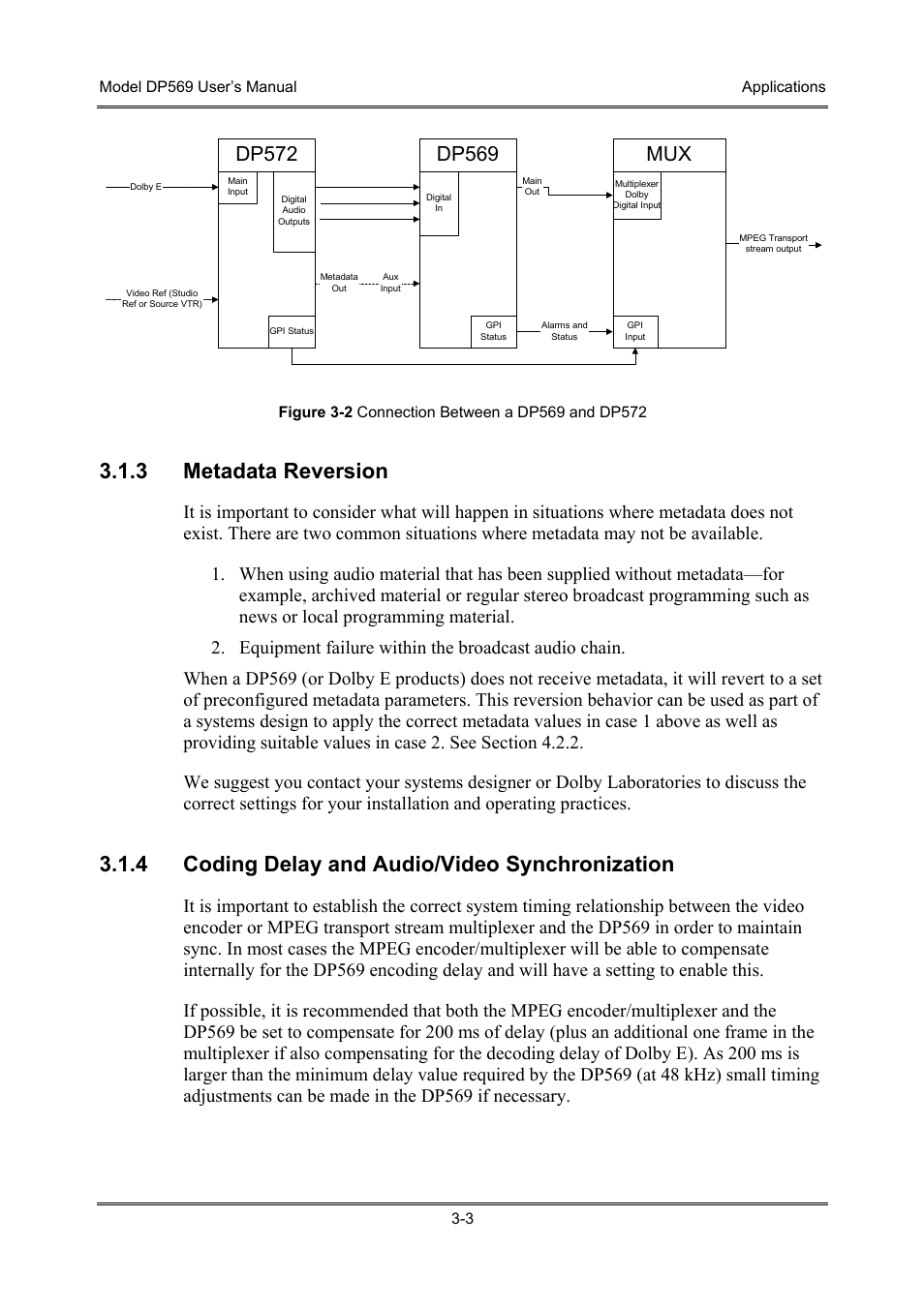 Metadata reversion, Coding delay and audio/video synchronization, 3 metadata reversion | 4 coding delay and audio/video synchronization, Mux dp569, Dp572 | Dolby Laboratories DP569 User Manual | Page 25 / 90
