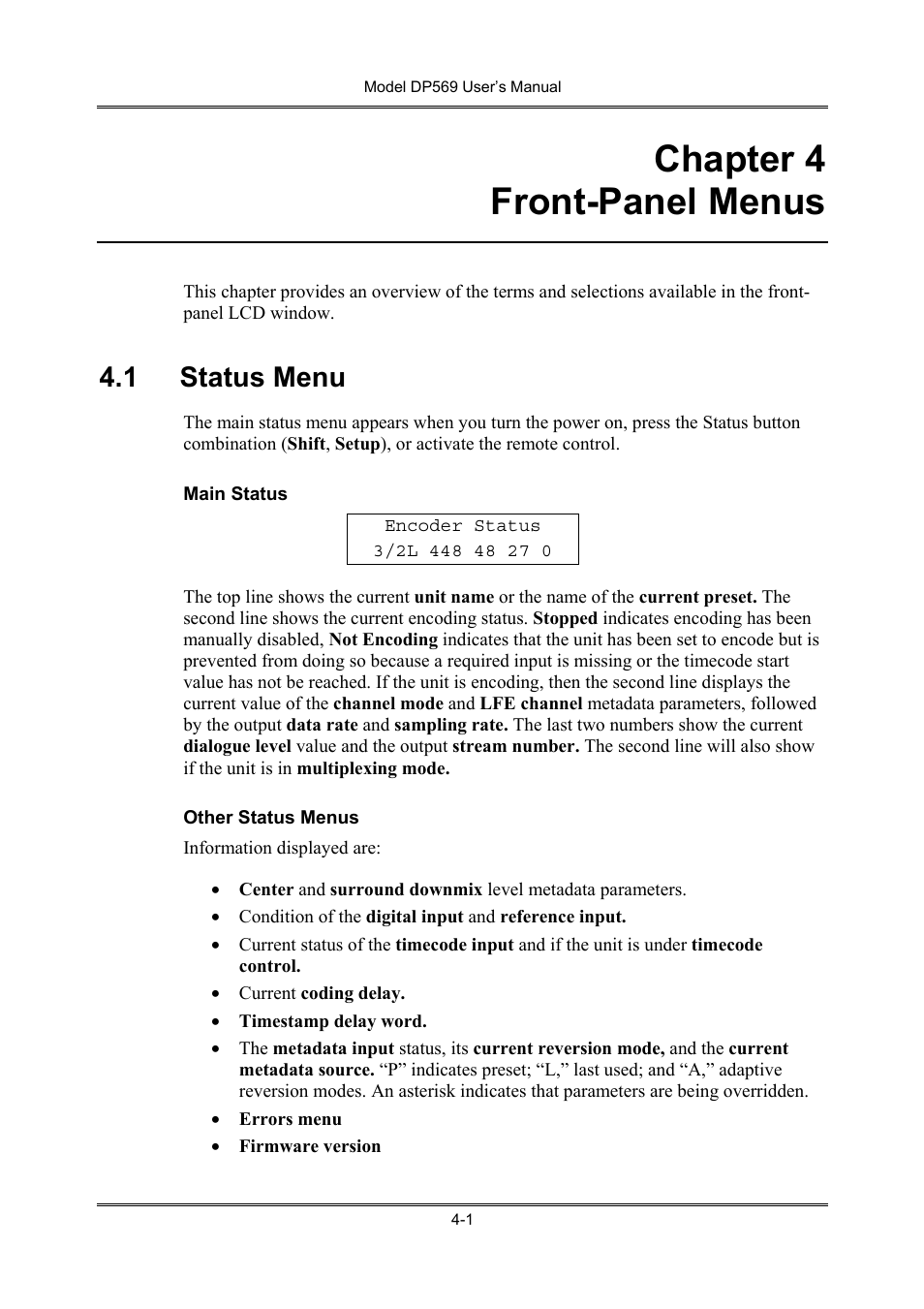 Chapter 4 front- panel menus, Status menu, Chapter 4 front-panel menus | 1 status menu | Dolby Laboratories DP569 User Manual | Page 31 / 90