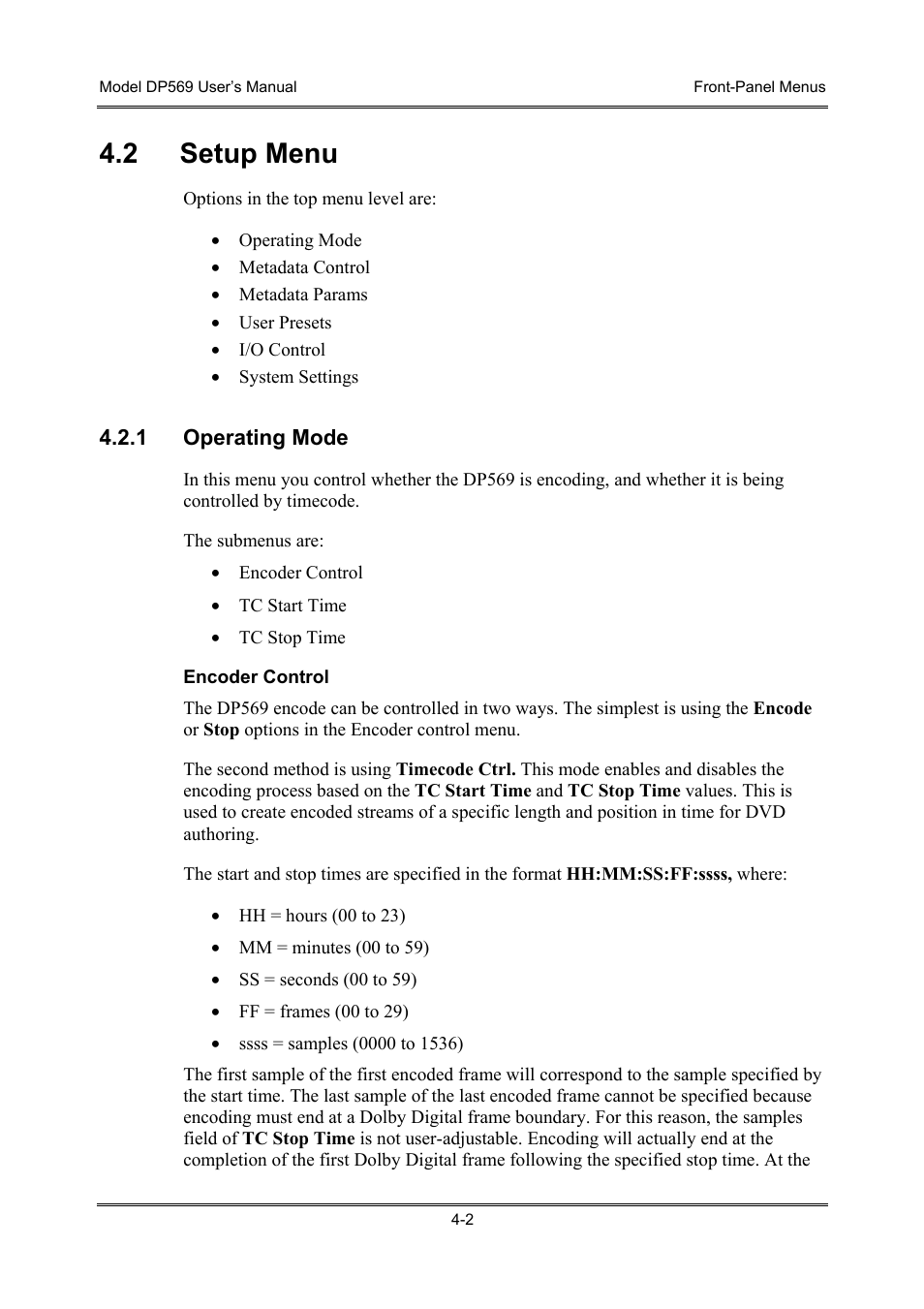 Setup menu, Operating mode, 2 setup menu | Dolby Laboratories DP569 User Manual | Page 32 / 90