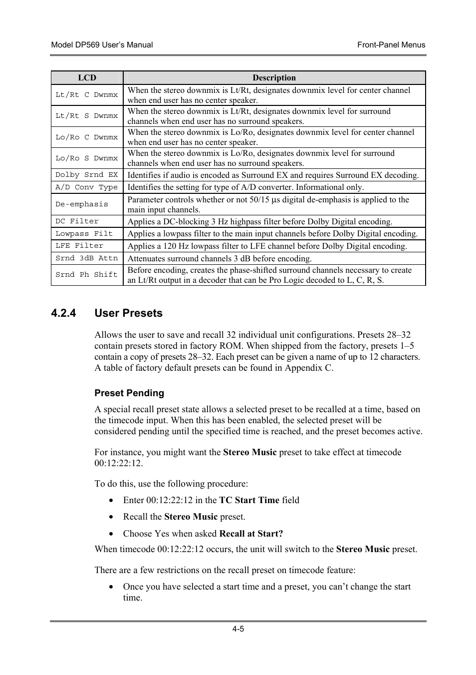 User presets, 4 user presets | Dolby Laboratories DP569 User Manual | Page 35 / 90