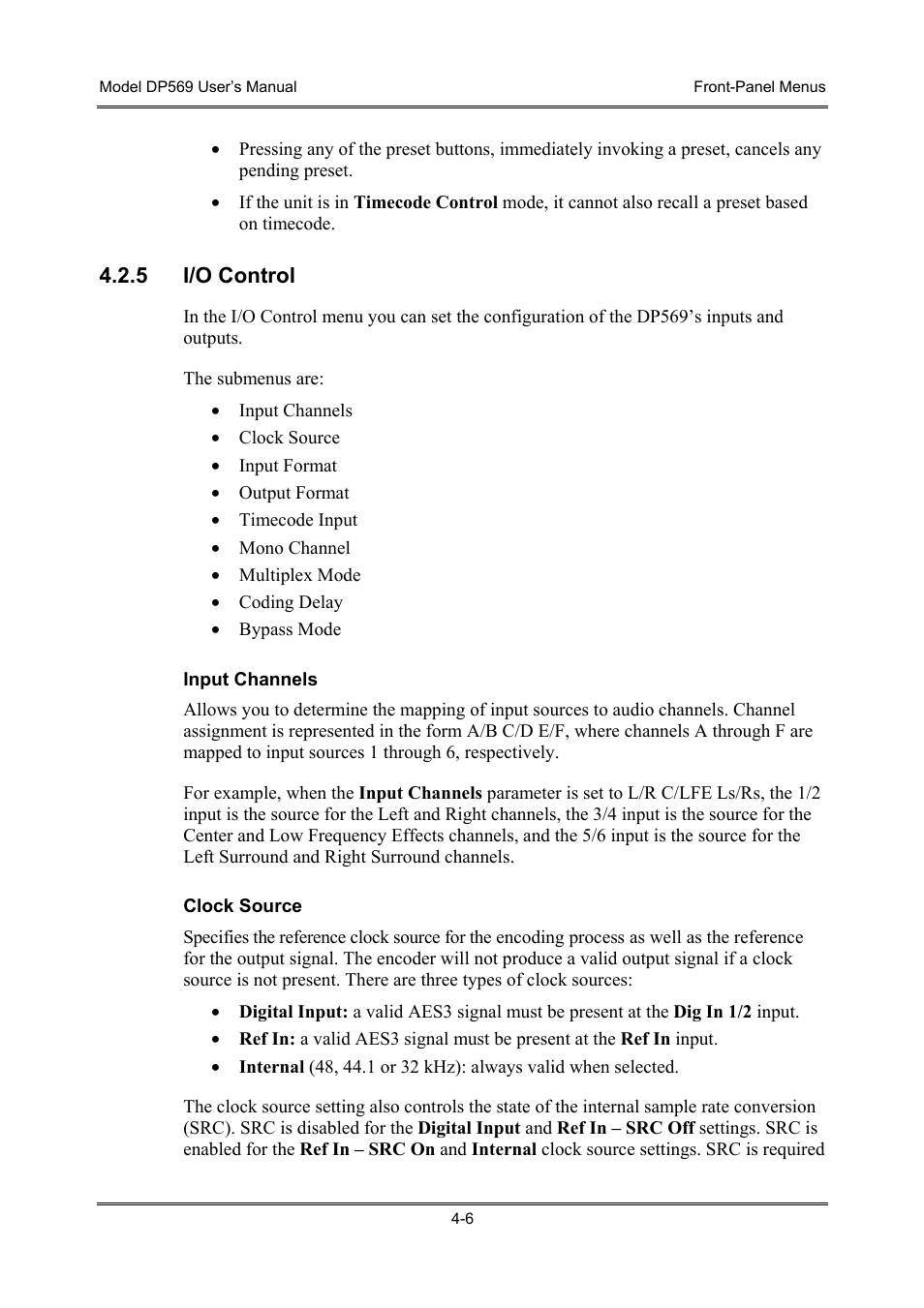 I/o control | Dolby Laboratories DP569 User Manual | Page 36 / 90