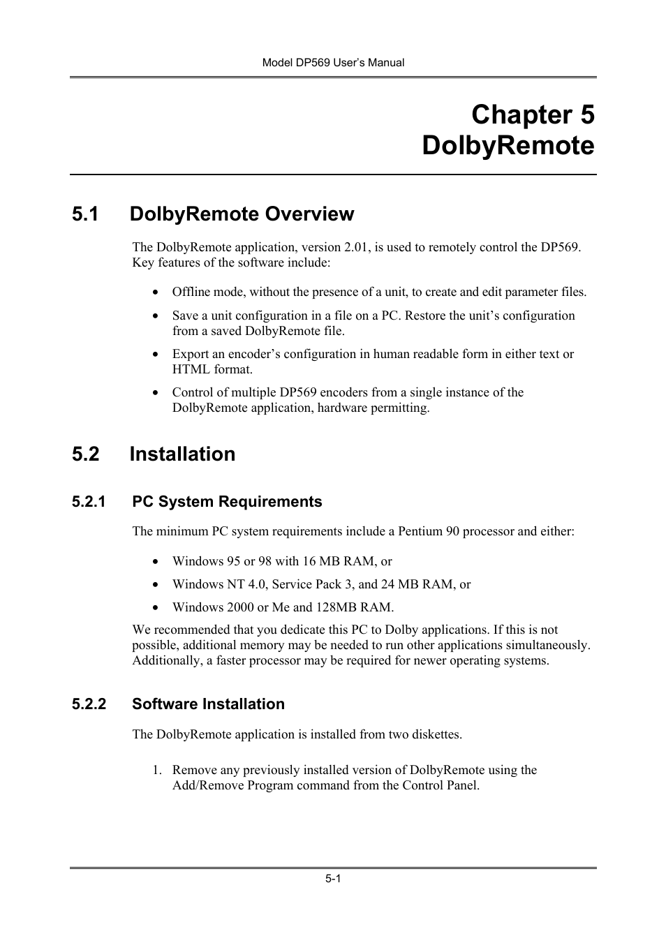 Chapter 5 dolbyremote, Dolbyremote overview, Installation | Pc system requirements, Software installation, 1 dolbyremote overview, 2 installation | Dolby Laboratories DP569 User Manual | Page 41 / 90