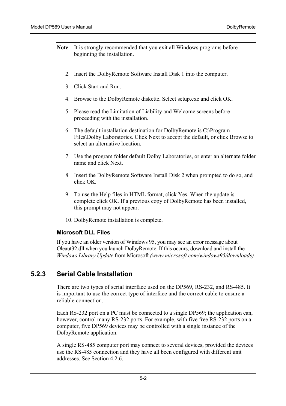Serial cable installation | Dolby Laboratories DP569 User Manual | Page 42 / 90
