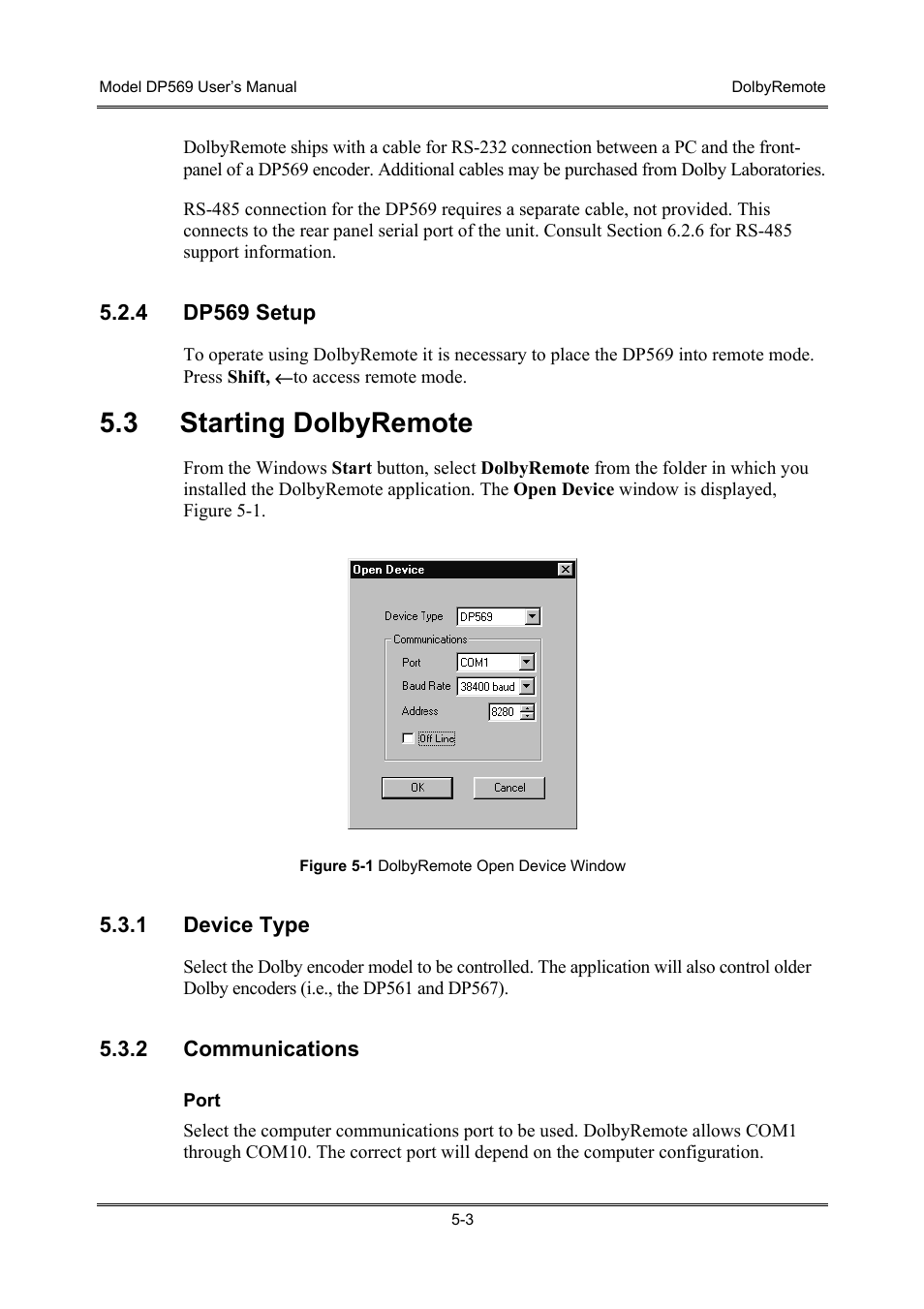 Dp569 setup, Starting dolbyremote, Device type | Communications, 3 starting dolbyremote | Dolby Laboratories DP569 User Manual | Page 43 / 90
