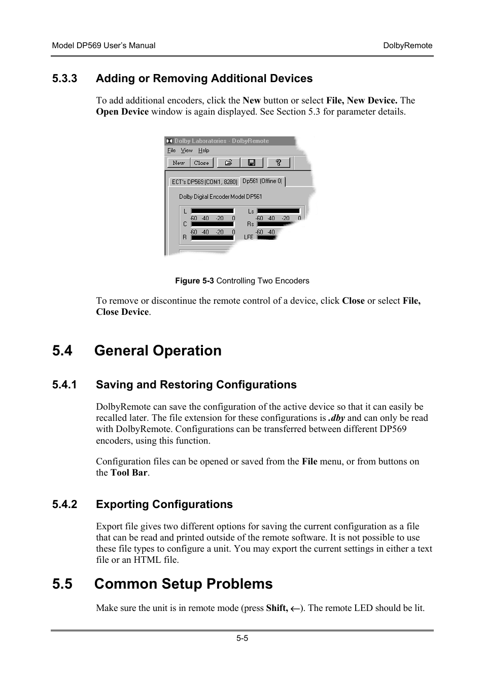 Adding or removing additional devices, General operation, Saving and restoring configurations | Exporting configurations, Common setup problems, 4 general operation, 5 common setup problems | Dolby Laboratories DP569 User Manual | Page 45 / 90