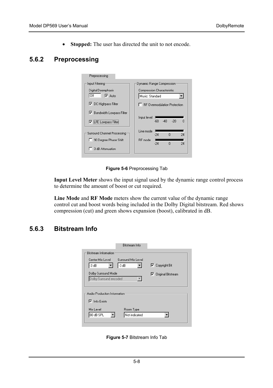 Preprocessing, Bitstream info, 2 preprocessing | 3 bitstream info | Dolby Laboratories DP569 User Manual | Page 48 / 90