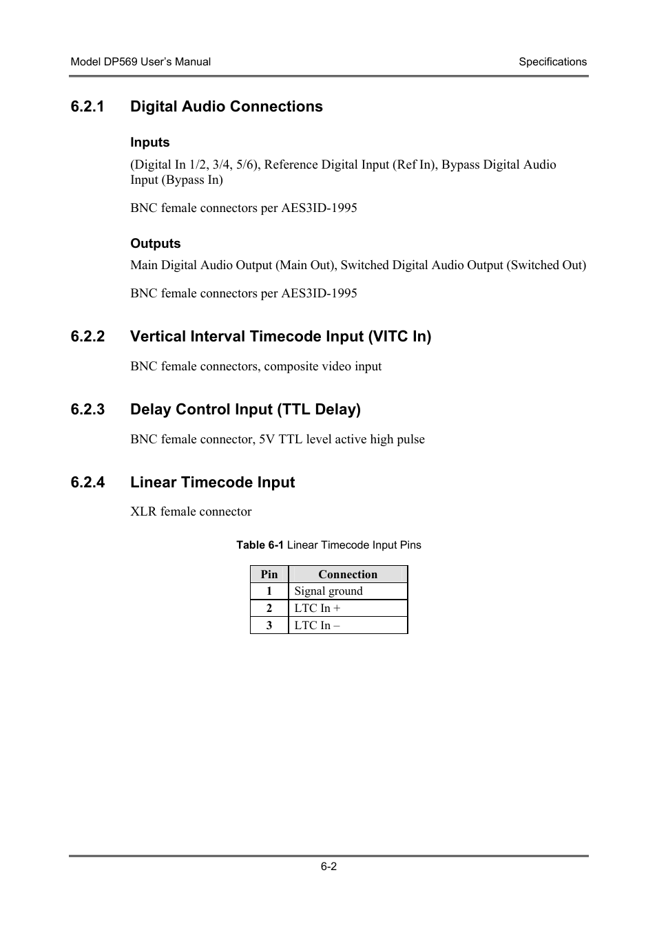 Digital audio connections, Vertical interval timecode input (vitc in), Delay control input (ttl delay) | Linear timecode input | Dolby Laboratories DP569 User Manual | Page 54 / 90