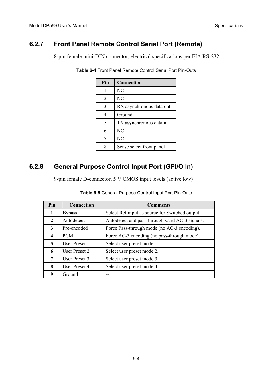 Front panel remote control serial port (remote), General purpose control input port (gpi/o in), 7 front panel remote control serial port (remote) | 8 general purpose control input port (gpi/o in) | Dolby Laboratories DP569 User Manual | Page 56 / 90