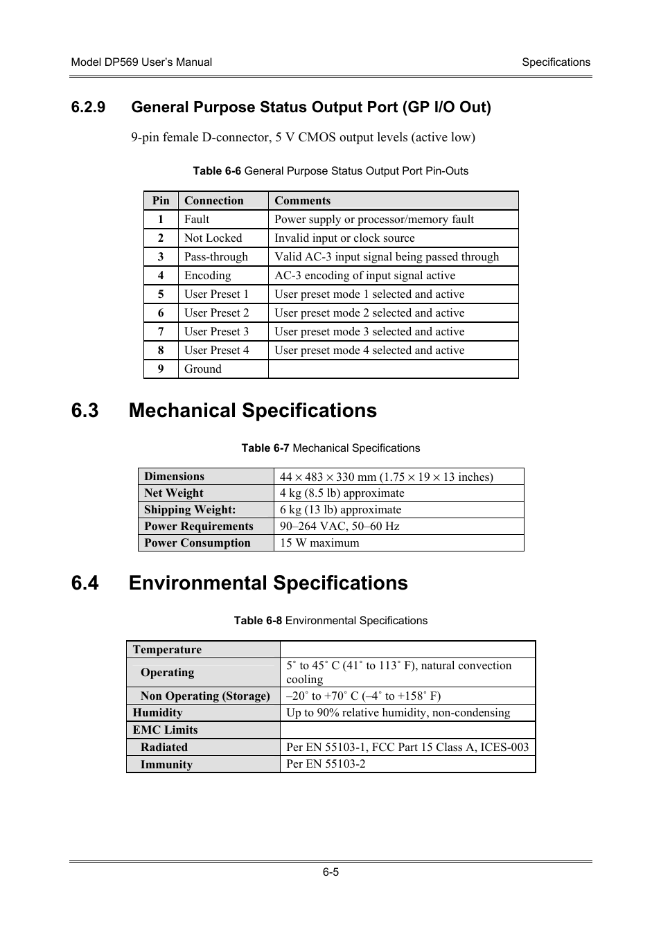 General purpose status output port (gp i/o out), Mechanical specifications, Environmental specifications | 3 mechanical specifications, 4 environmental specifications, 9 general purpose status output port (gp i/o out) | Dolby Laboratories DP569 User Manual | Page 57 / 90